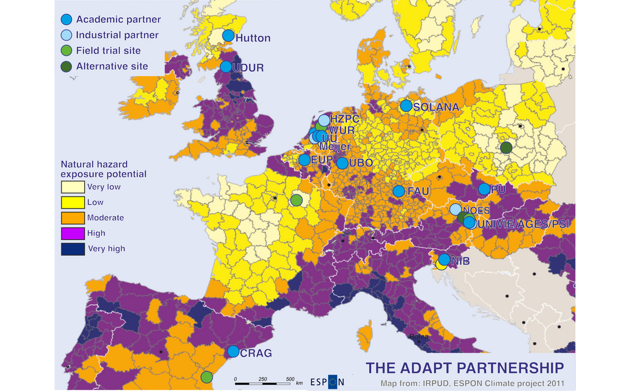 Map of Europe showing natural hazard exposure levels and locations of partners in the ADAPT Partnership. The map uses five color categories to indicate exposure potential: very low, low, moderate, high, and very high. Spain, Portugal, South of France, Italy, Switzerland, Austria and United Kingdom show the highest natural hazard exposure potential levels, while north and central France and Poland show the lowest. Partner locations are marked with colored circles: academic partners and industrial partners in blue (Hutton, UDUR, HZPC, WUR, AGES, PSI, CRAG, UU, Solana, EUP, UBO, FAU, PU, UNIVIE, NIB, Meijer, NOES), field trial sites in green (in Spain, France, Netherlands and Austria), and alternative sites in dark green in Poland and Austria. The map highlights how research, industry, and field sites are positioned relative to areas of varying natural hazard risk.
